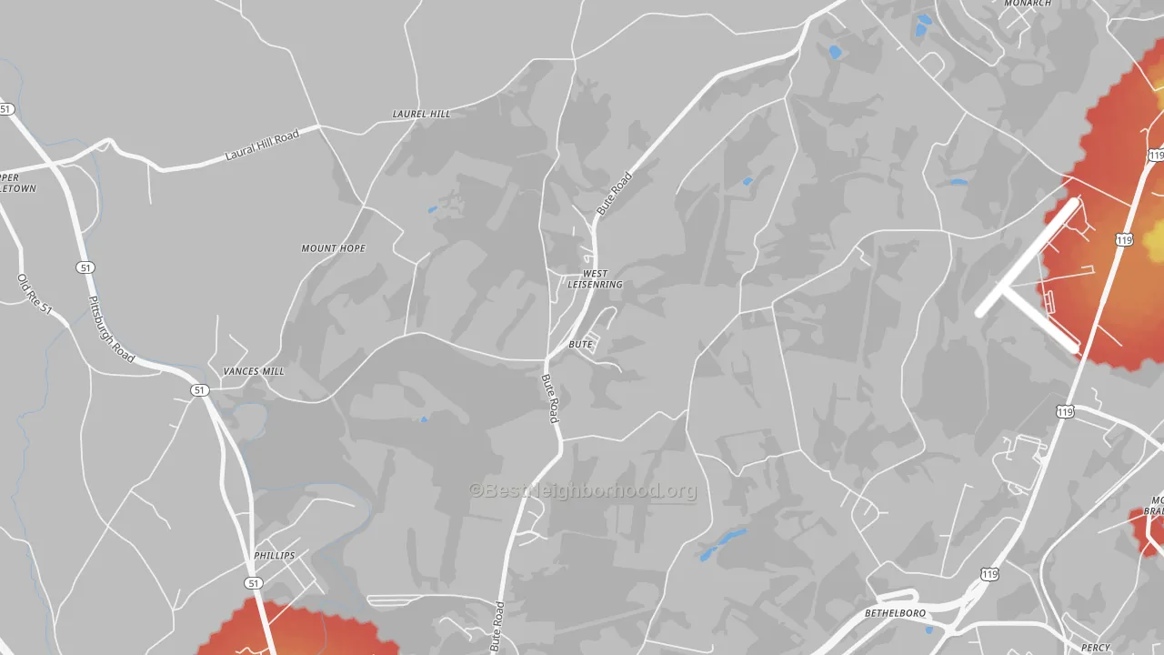 Walk Grade map of 15489, PA, walkable areas in green and car-dependent areas in red