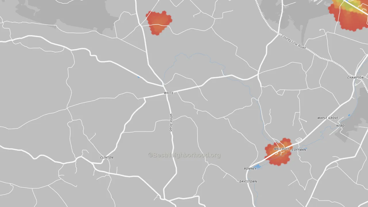 Walk Grade map of 15490, PA, walkable areas in green and car-dependent areas in red