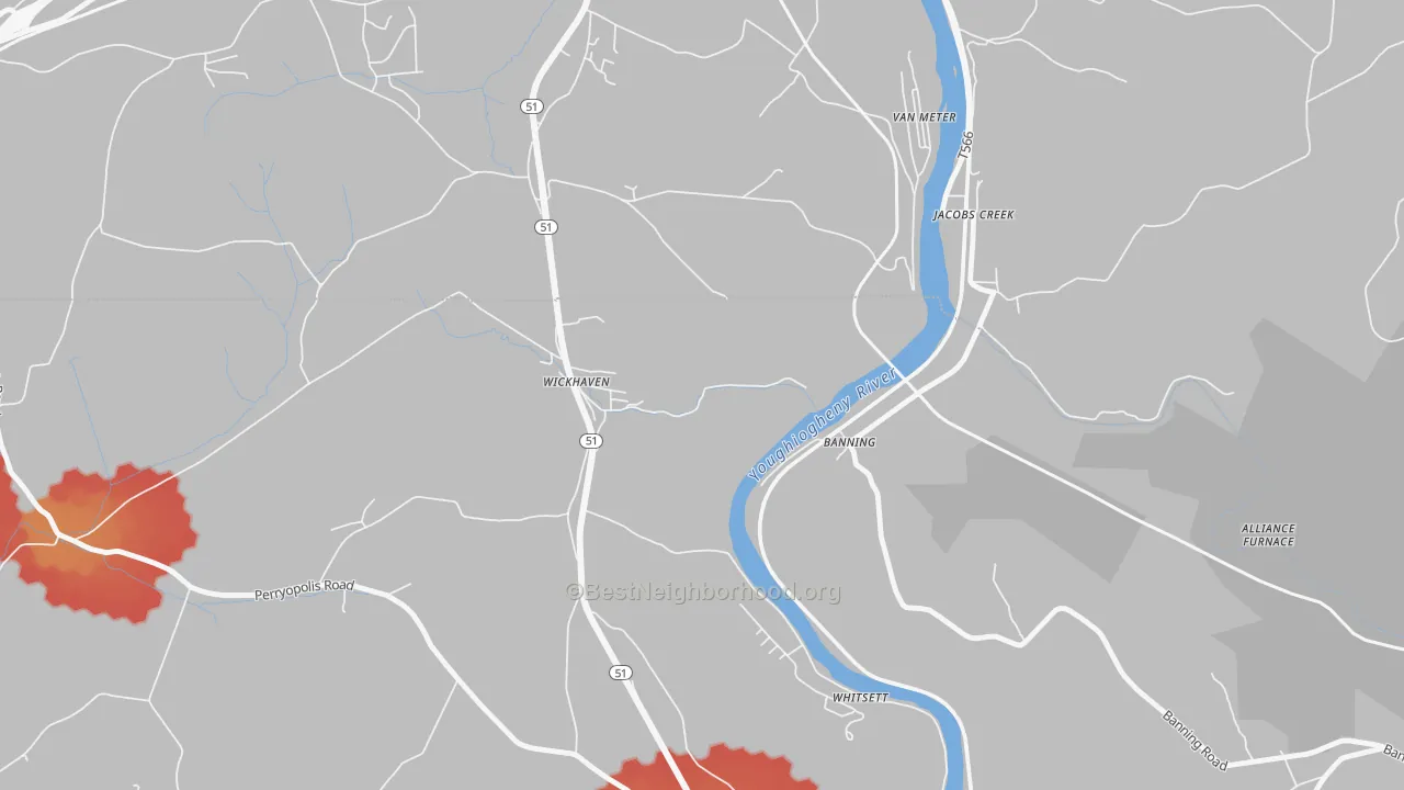 Walk Grade map of 15492, PA, walkable areas in green and car-dependent areas in red