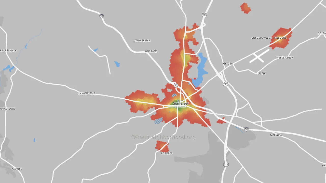 Walk Grade map of 15501, PA, walkable areas in green and car-dependent areas in red