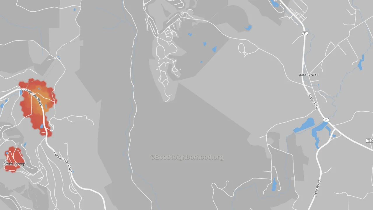 Walk Grade map of 15502, PA, walkable areas in green and car-dependent areas in red