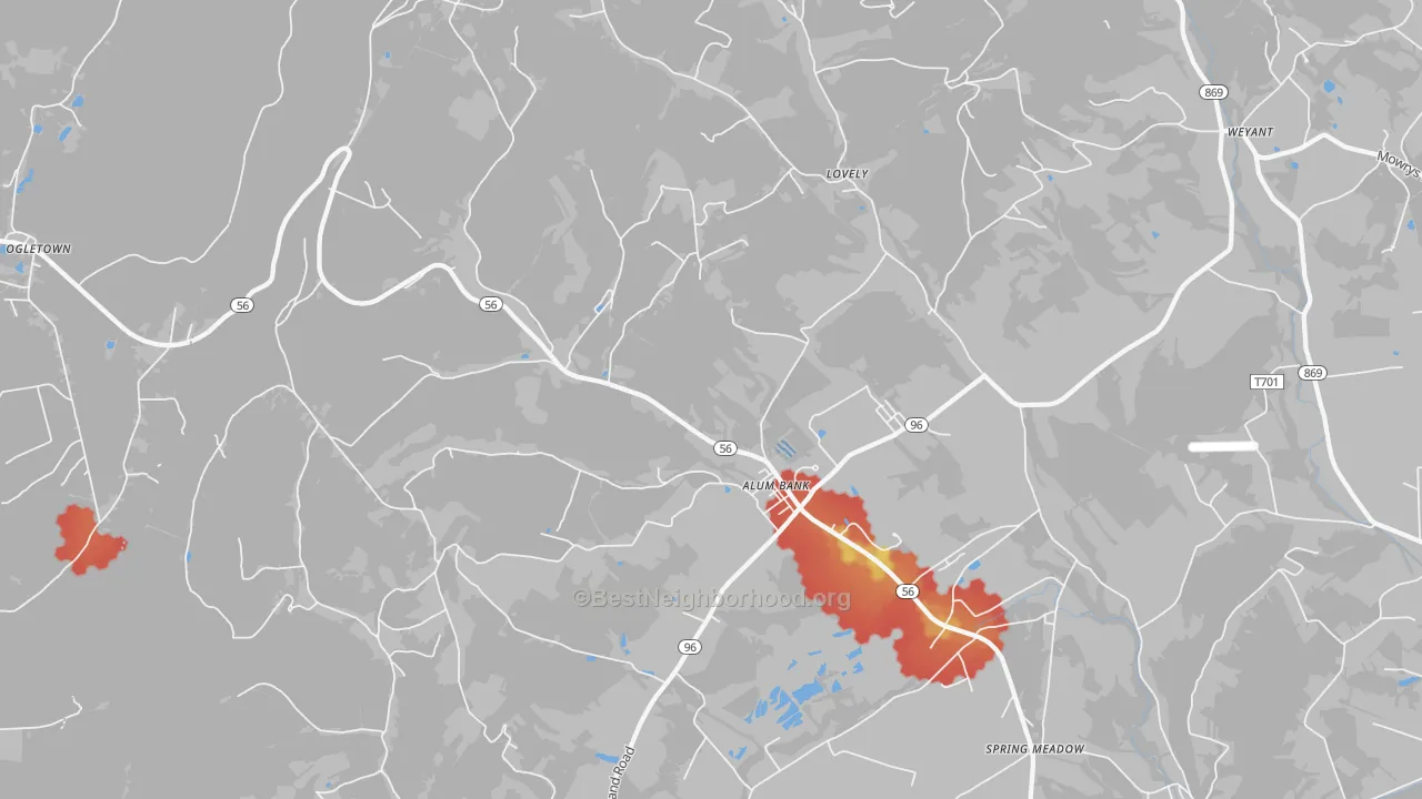 Walk Grade map of 15521, PA, walkable areas in green and car-dependent areas in red