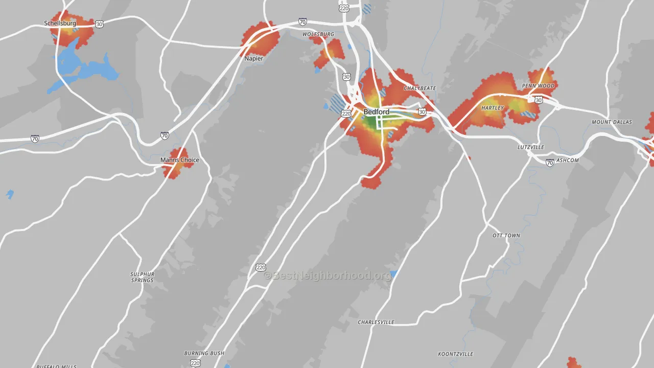 Walk Grade map of 15522, PA, walkable areas in green and car-dependent areas in red