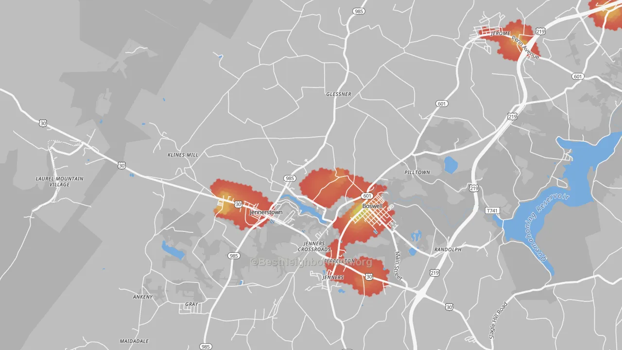 Walk Grade map of 15531, PA, walkable areas in green and car-dependent areas in red