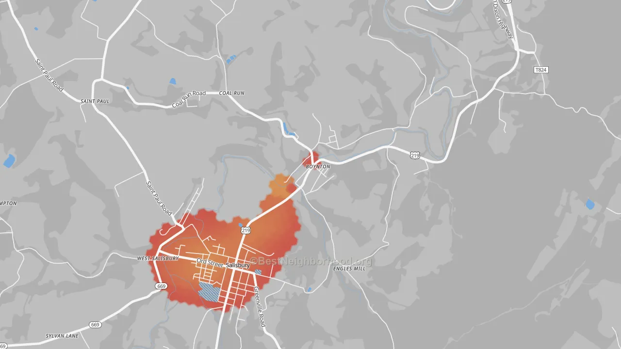 Walk Grade map of 15532, PA, walkable areas in green and car-dependent areas in red