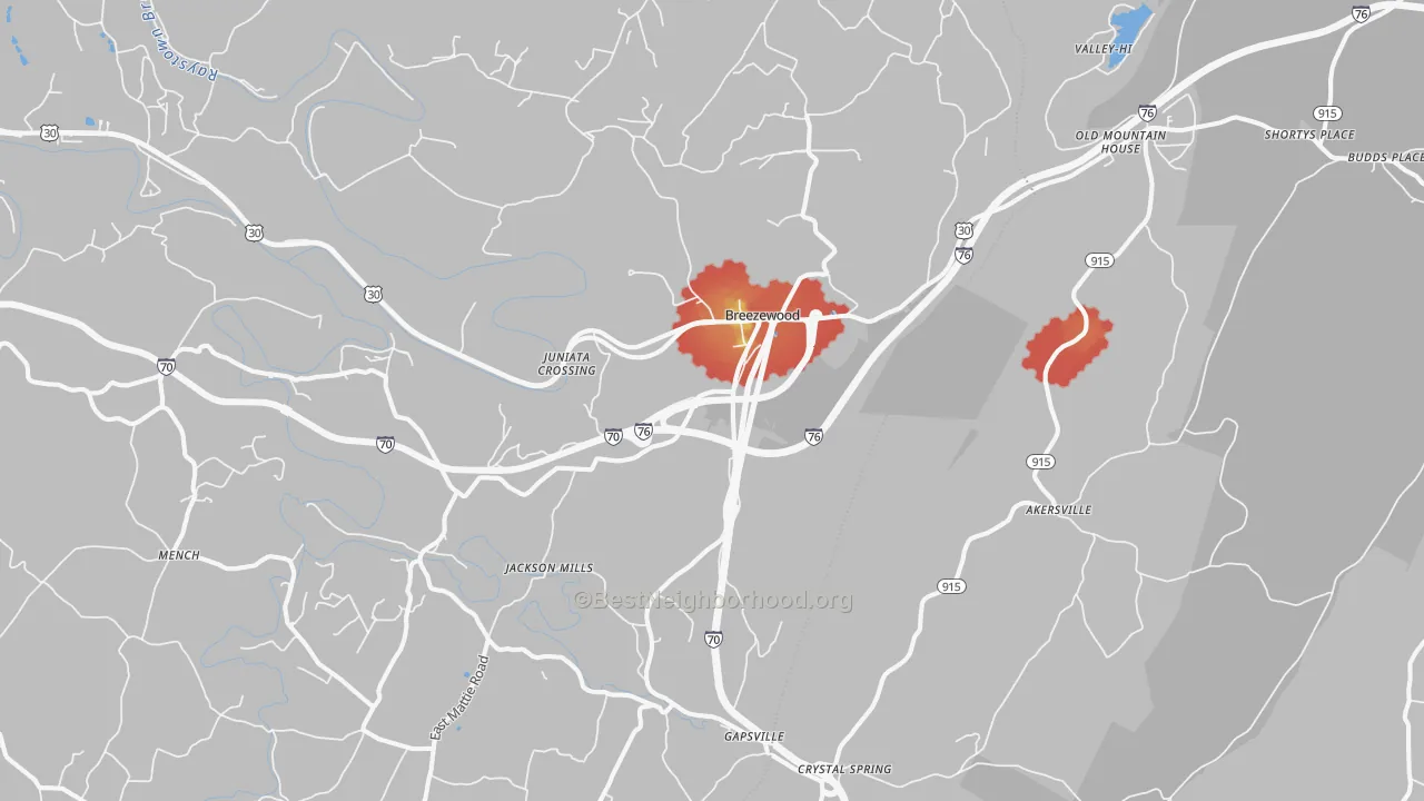 Walk Grade map of 15533, PA, walkable areas in green and car-dependent areas in red