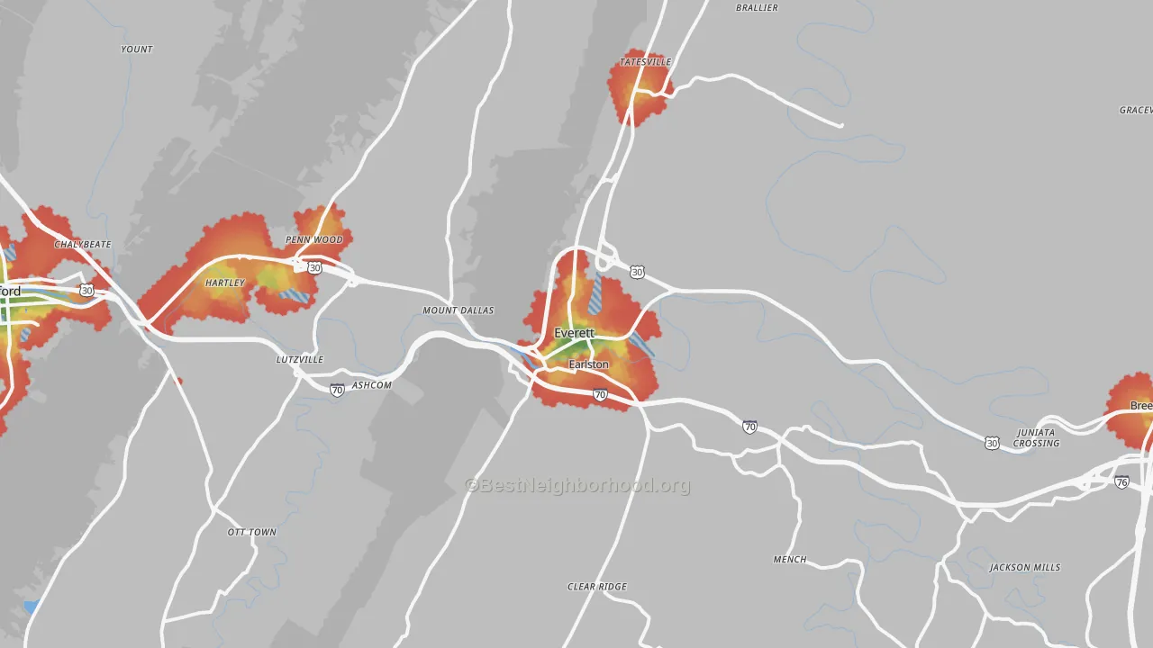 Walk Grade map of 15537, PA, walkable areas in green and car-dependent areas in red