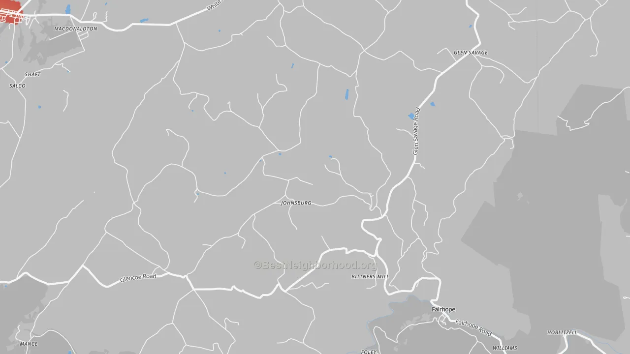 Walk Grade map of 15538, PA, walkable areas in green and car-dependent areas in red
