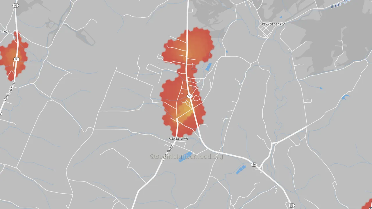 Walk Grade map of 15539, PA, walkable areas in green and car-dependent areas in red