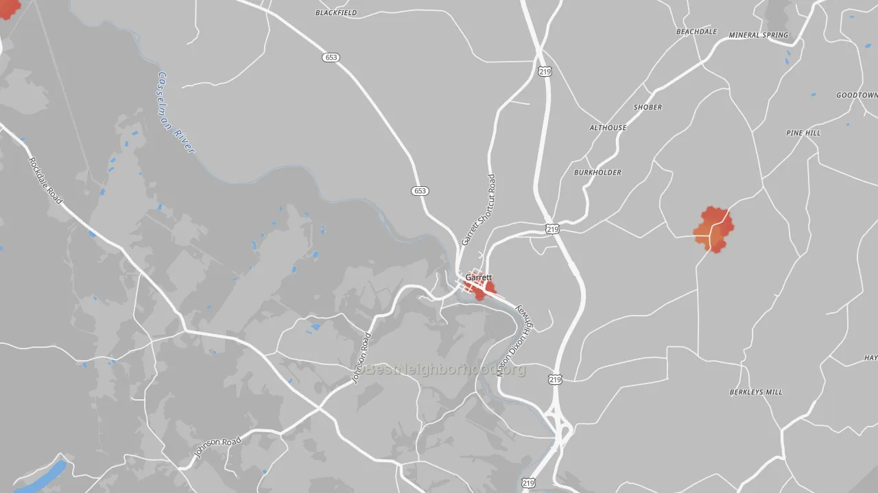 Walk Grade map of 15542, PA, walkable areas in green and car-dependent areas in red
