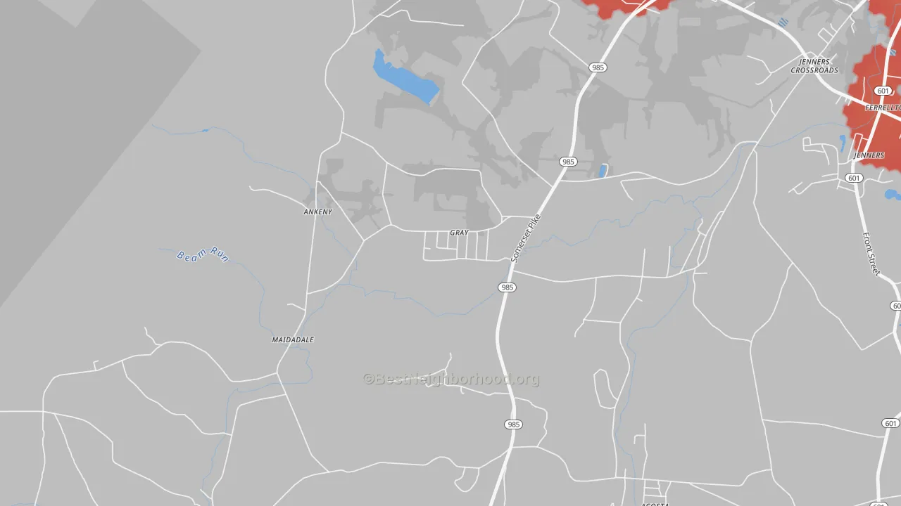 Walk Grade map of 15544, PA, walkable areas in green and car-dependent areas in red