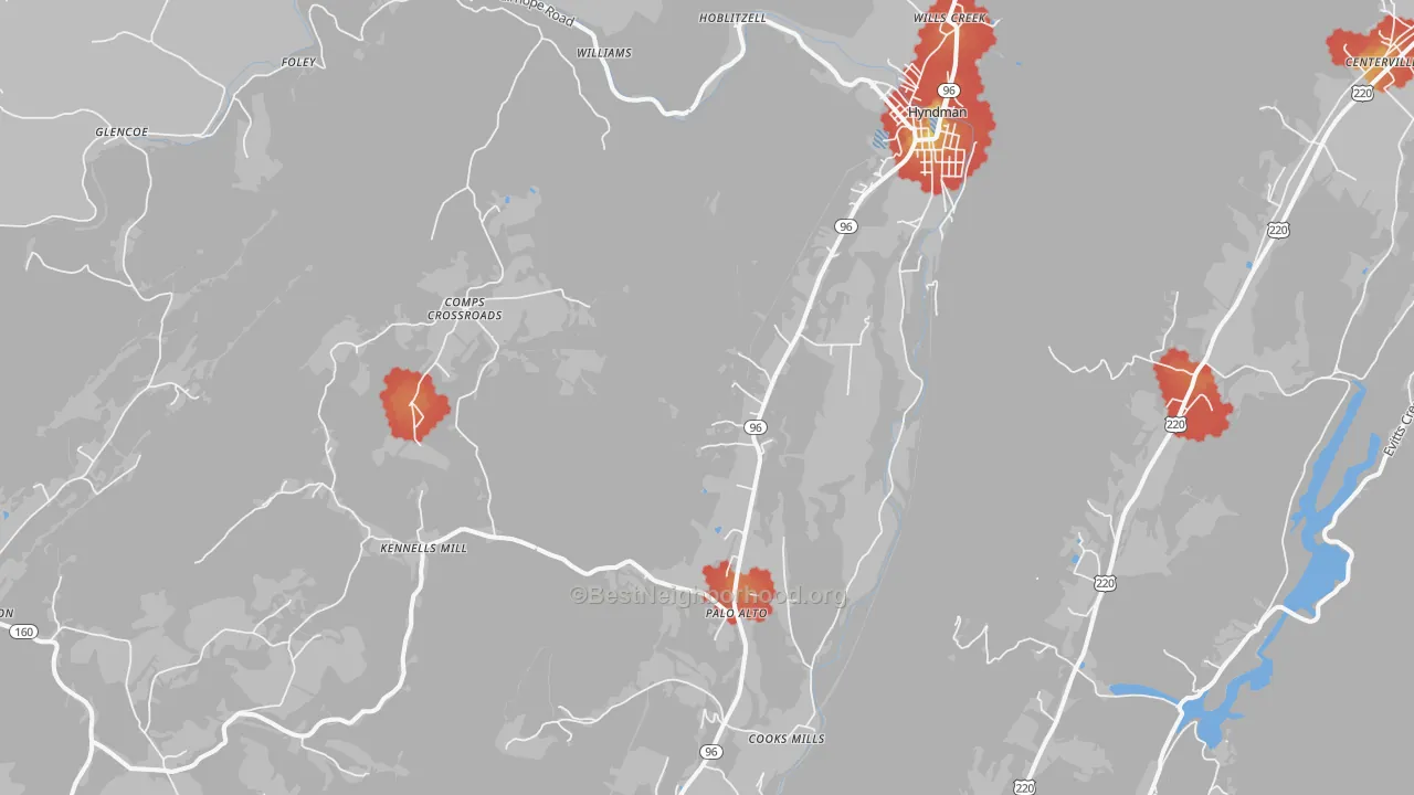 Walk Grade map of 15545, PA, walkable areas in green and car-dependent areas in red