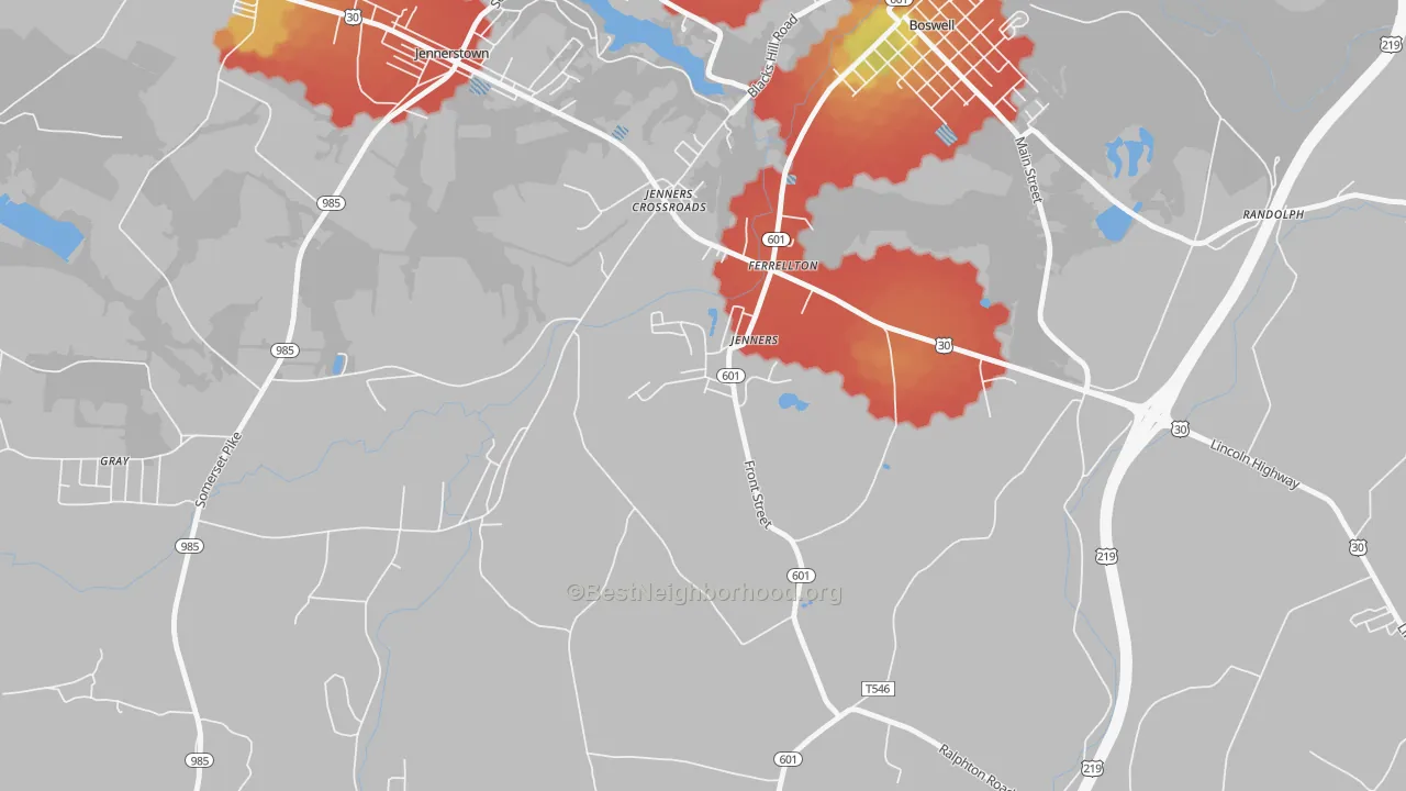Walk Grade map of 15546, PA, walkable areas in green and car-dependent areas in red