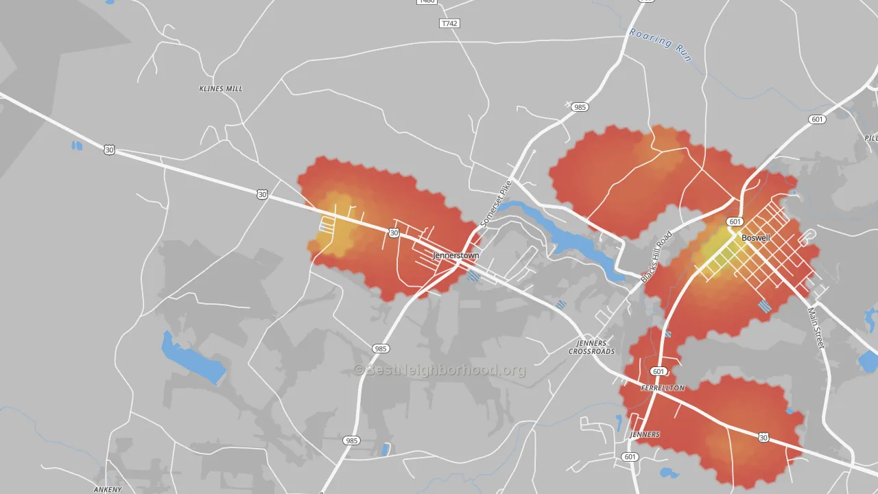Walk Grade map of 15547, PA, walkable areas in green and car-dependent areas in red