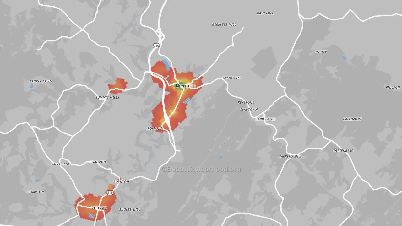 Walk Grade map of 15552, PA, walkable areas in green and car-dependent areas in red