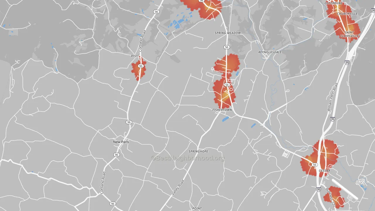 Walk Grade map of 15554, PA, walkable areas in green and car-dependent areas in red