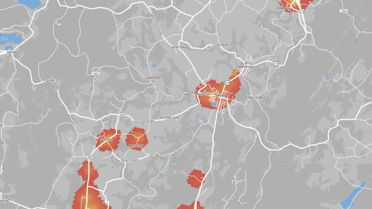 Walk Grade map of 15558, PA, walkable areas in green and car-dependent areas in red