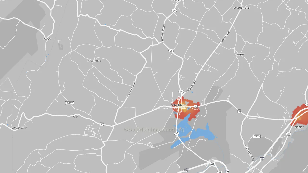 Walk Grade map of 15559, PA, walkable areas in green and car-dependent areas in red