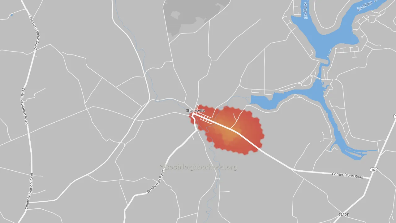 Walk Grade map of 15560, PA, walkable areas in green and car-dependent areas in red
