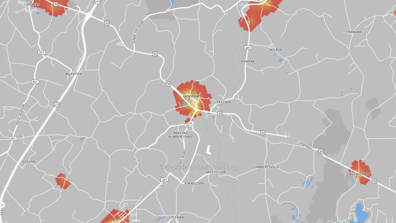 Walk Grade map of 15563, PA, walkable areas in green and car-dependent areas in red