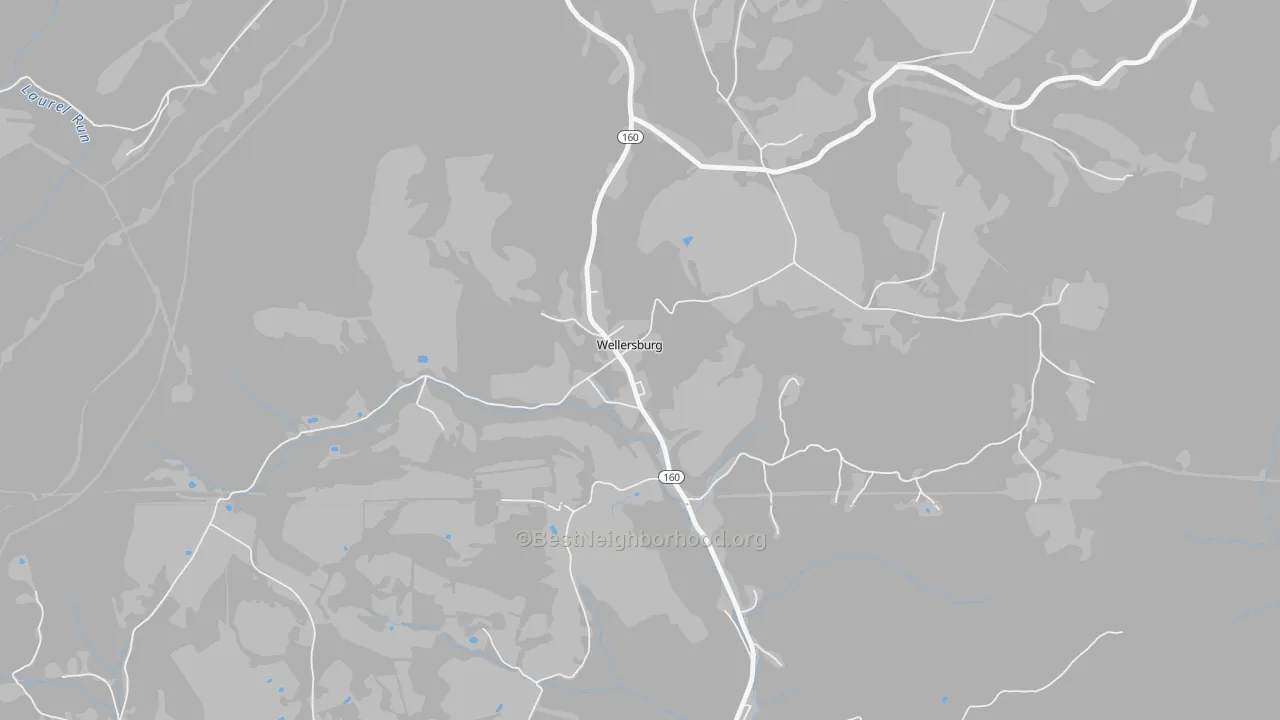 Walk Grade map of 15564, PA, walkable areas in green and car-dependent areas in red