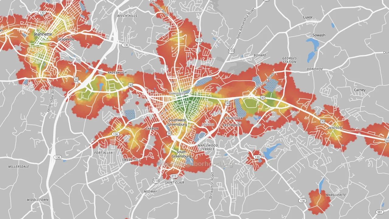 Walk Grade map of 15601, PA, walkable areas in green and car-dependent areas in red