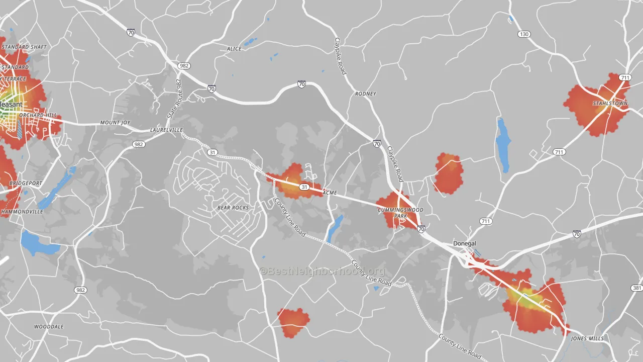 Walk Grade map of 15610, PA, walkable areas in green and car-dependent areas in red