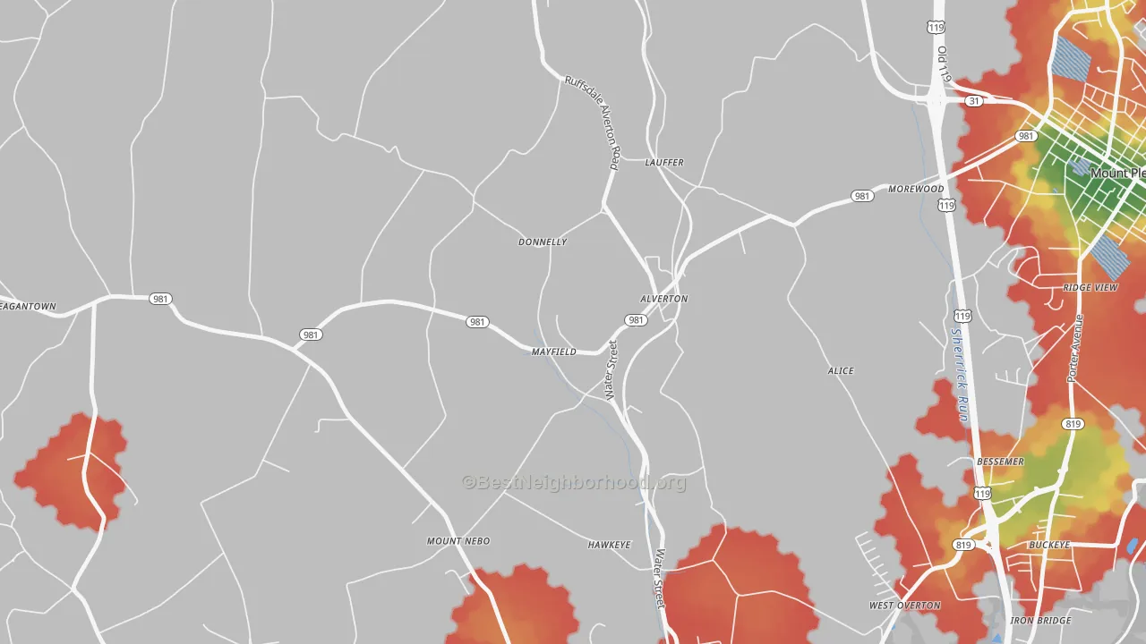 Walk Grade map of 15612, PA, walkable areas in green and car-dependent areas in red