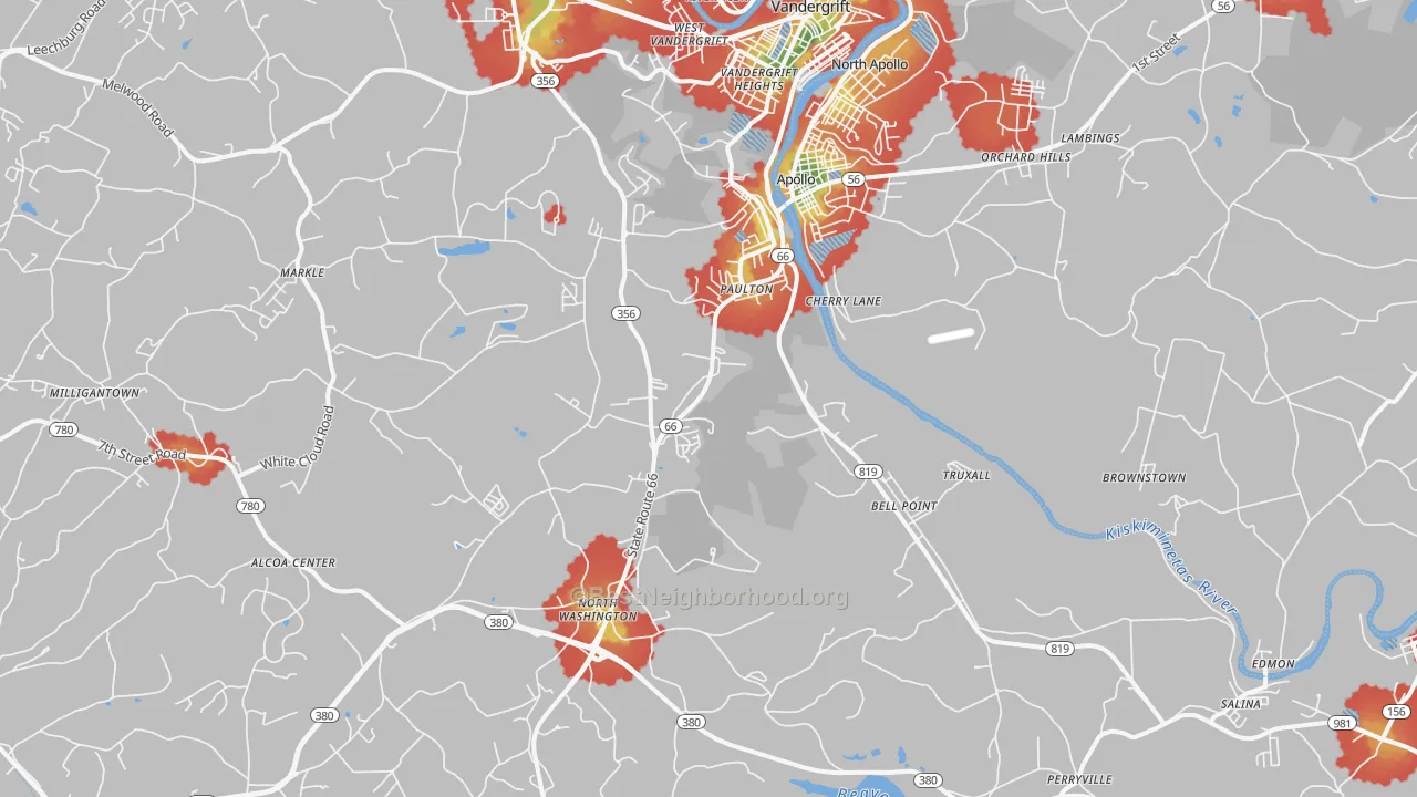 Walk Grade map of 15613, PA, walkable areas in green and car-dependent areas in red