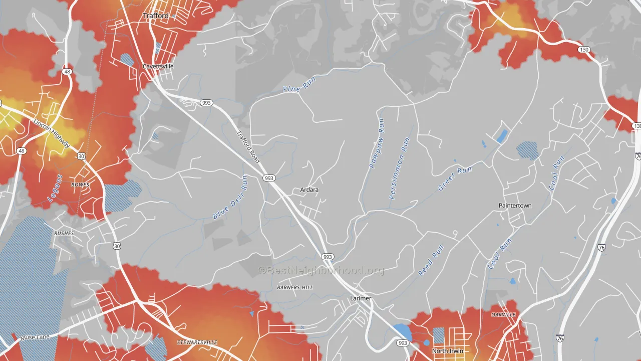 Walk Grade map of 15615, PA, walkable areas in green and car-dependent areas in red