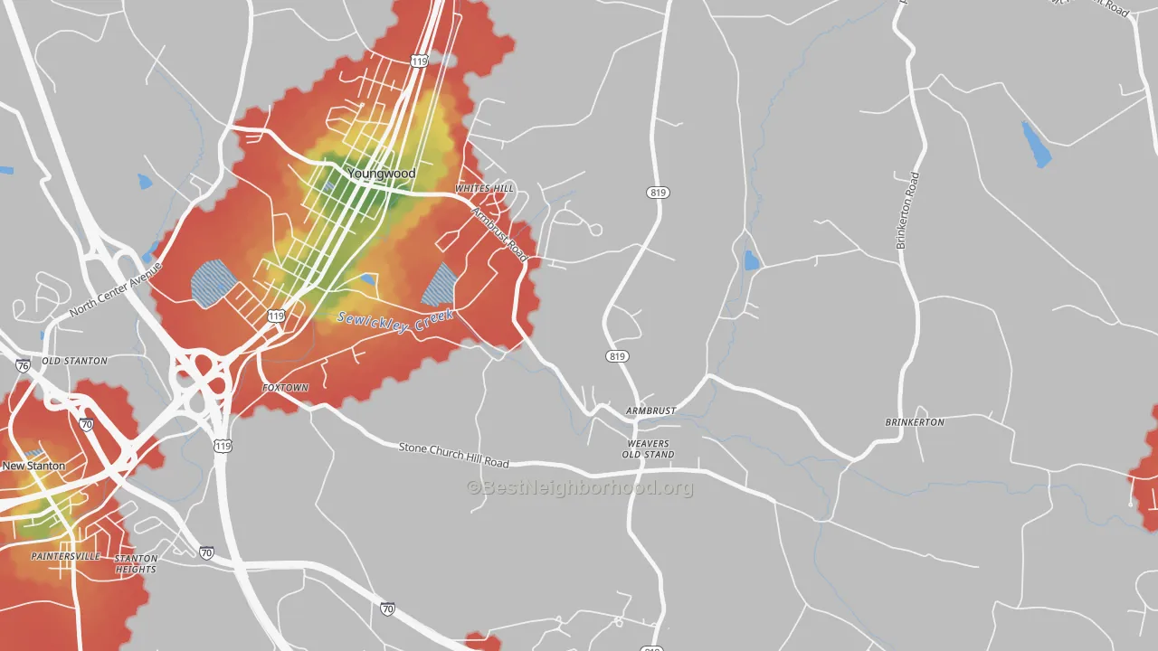Walk Grade map of 15616, PA, walkable areas in green and car-dependent areas in red