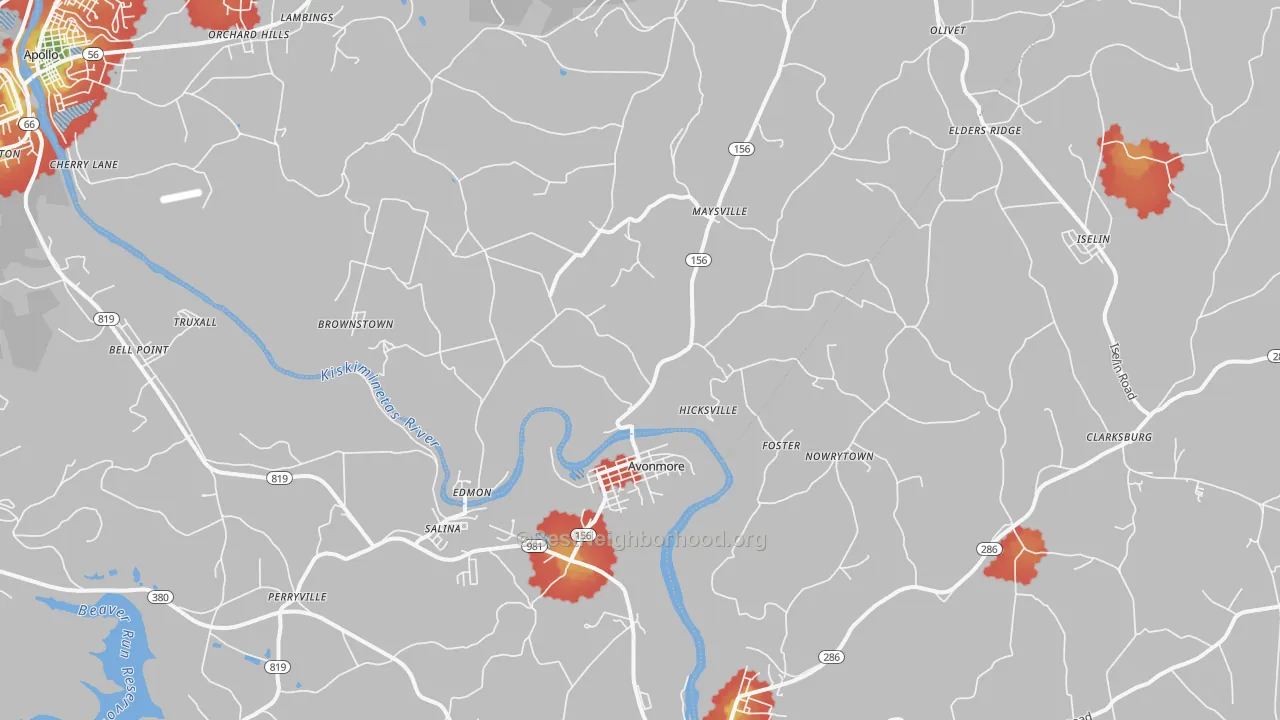 Walk Grade map of 15618, PA, walkable areas in green and car-dependent areas in red