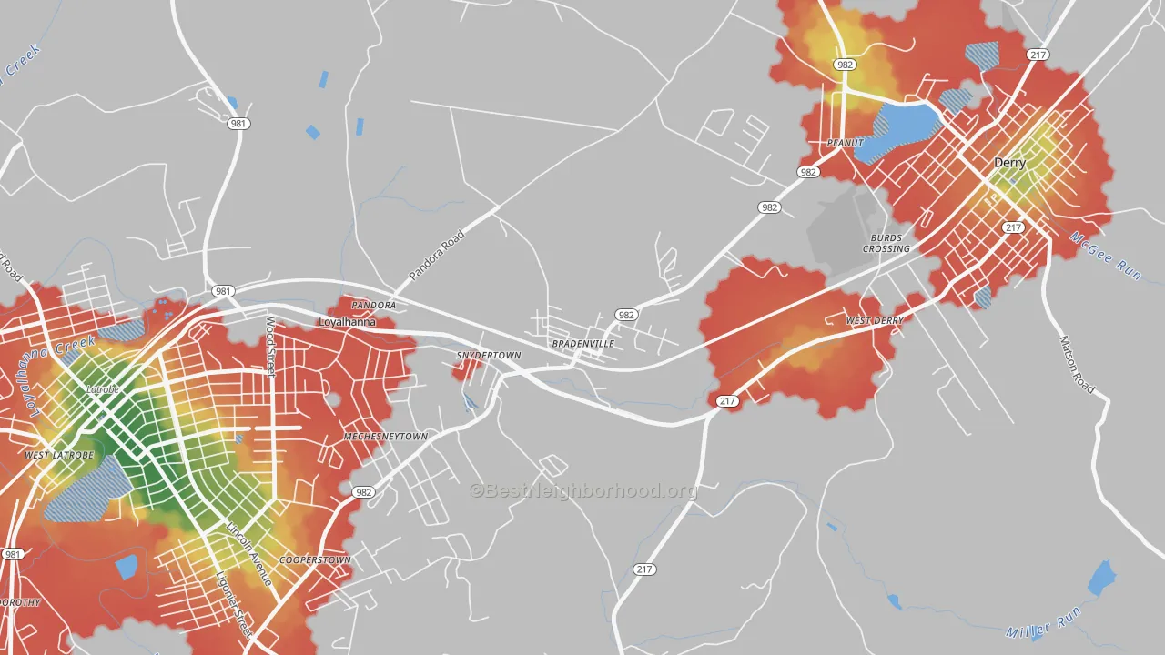 Walk Grade map of 15620, PA, walkable areas in green and car-dependent areas in red