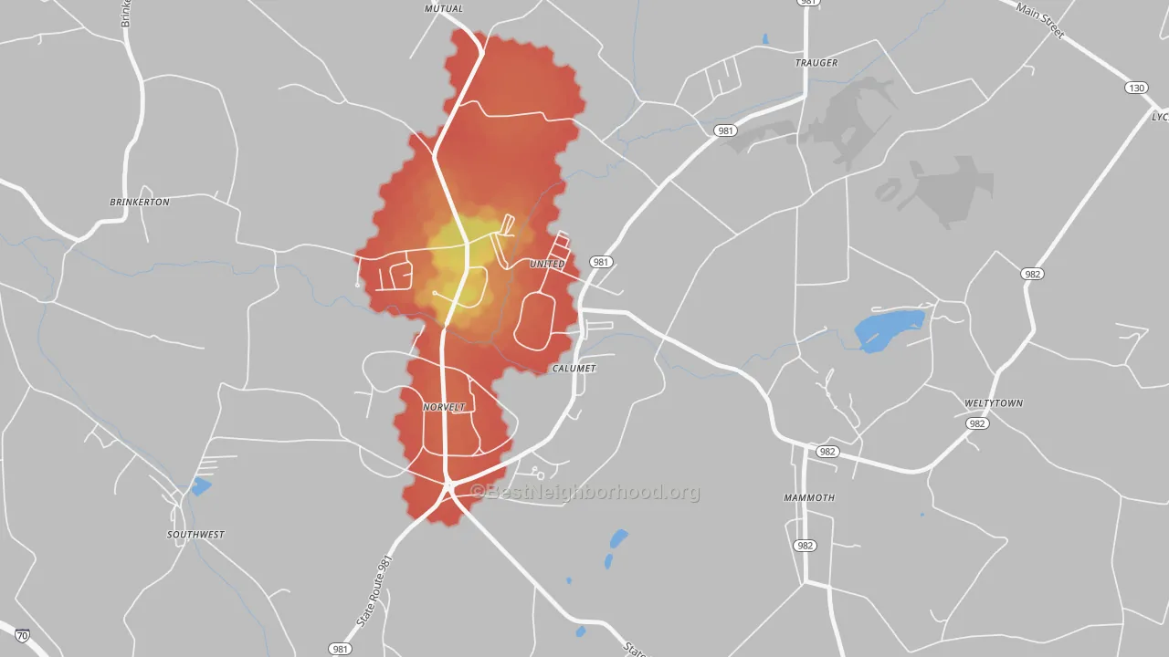 Walk Grade map of 15621, PA, walkable areas in green and car-dependent areas in red
