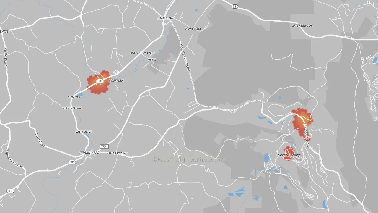 Walk Grade map of 15622, PA, walkable areas in green and car-dependent areas in red