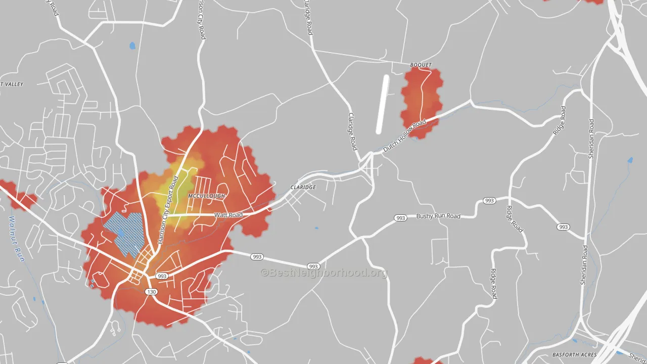 Walk Grade map of 15623, PA, walkable areas in green and car-dependent areas in red