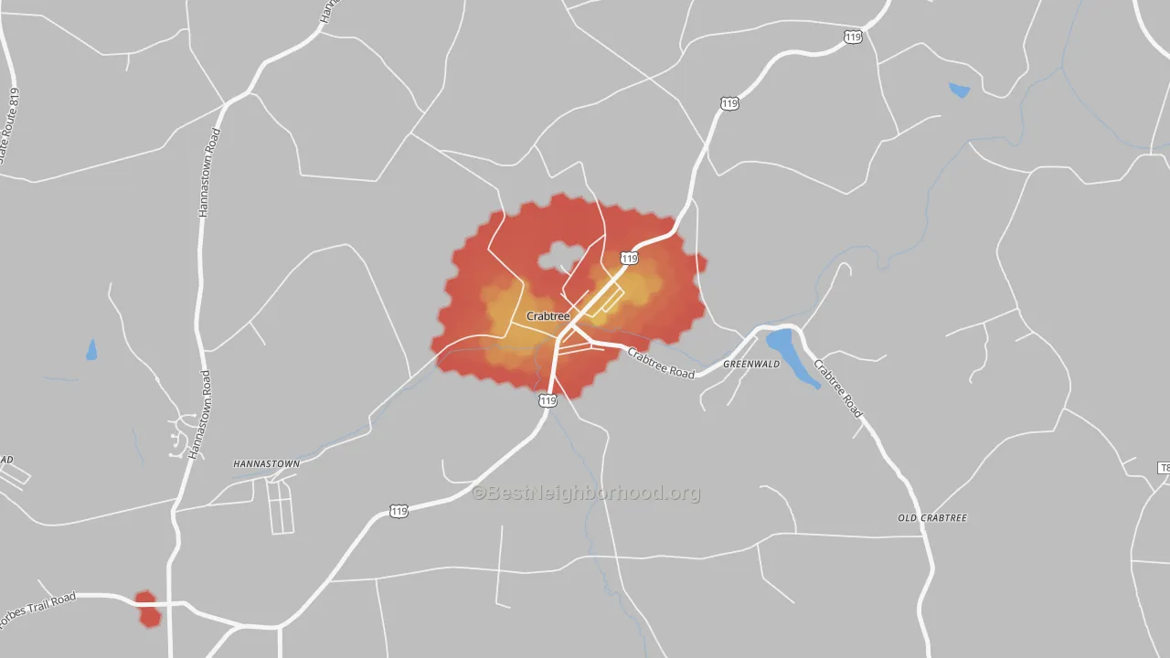 Walk Grade map of 15624, PA, walkable areas in green and car-dependent areas in red