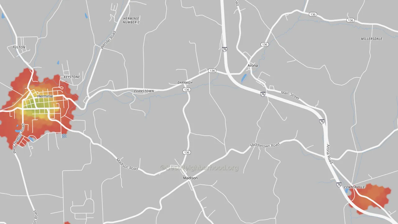 Walk Grade map of 15625, PA, walkable areas in green and car-dependent areas in red