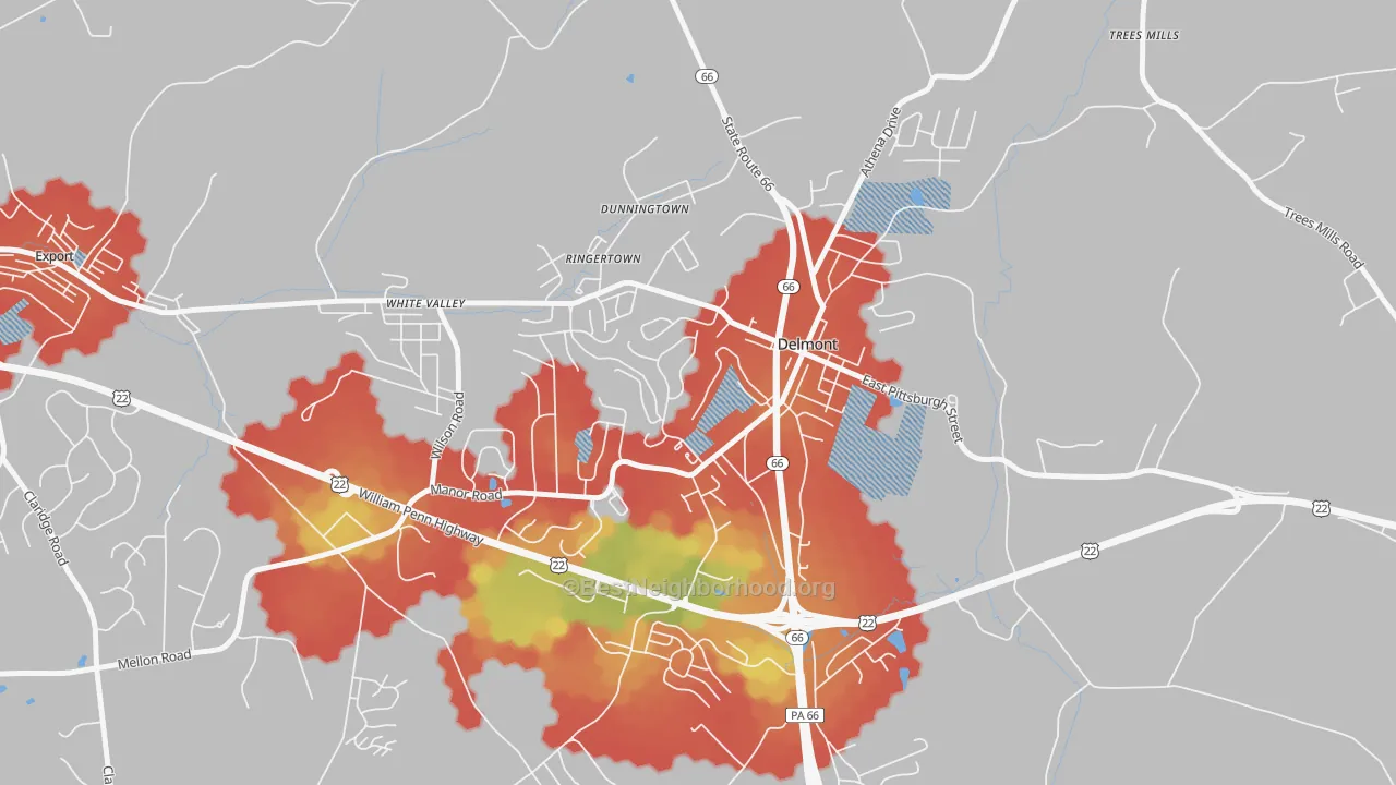 Walk Grade map of 15626, PA, walkable areas in green and car-dependent areas in red