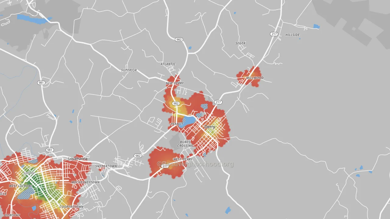 Walk Grade map of 15627, PA, walkable areas in green and car-dependent areas in red