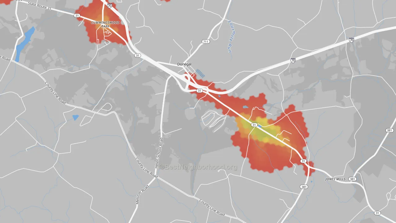 Walk Grade map of 15628, PA, walkable areas in green and car-dependent areas in red