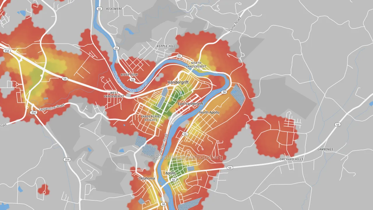 Walk Grade map of 15629, PA, walkable areas in green and car-dependent areas in red