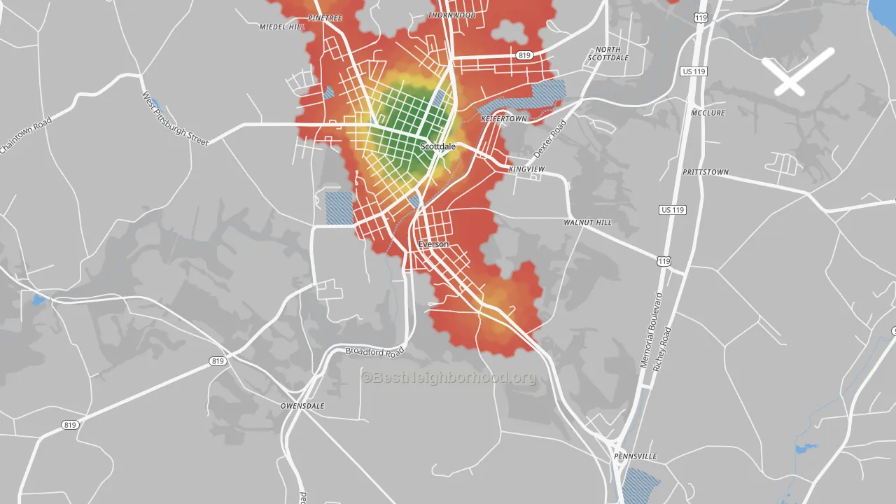 Walk Grade map of 15631, PA, walkable areas in green and car-dependent areas in red
