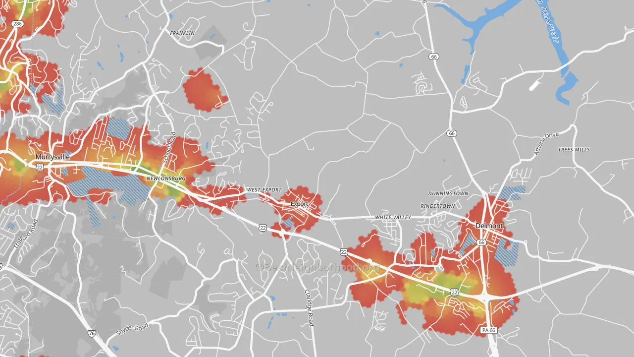 Walk Grade map of 15632, PA, walkable areas in green and car-dependent areas in red