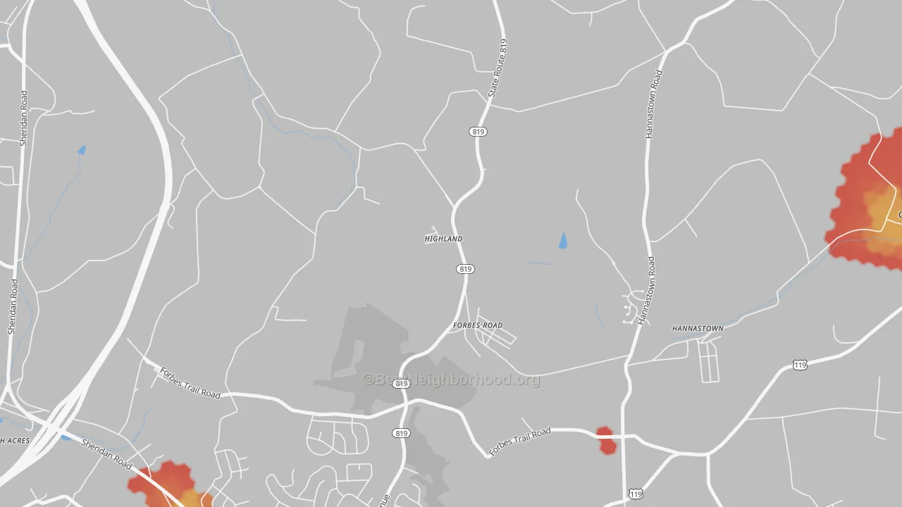 Walk Grade map of 15633, PA, walkable areas in green and car-dependent areas in red