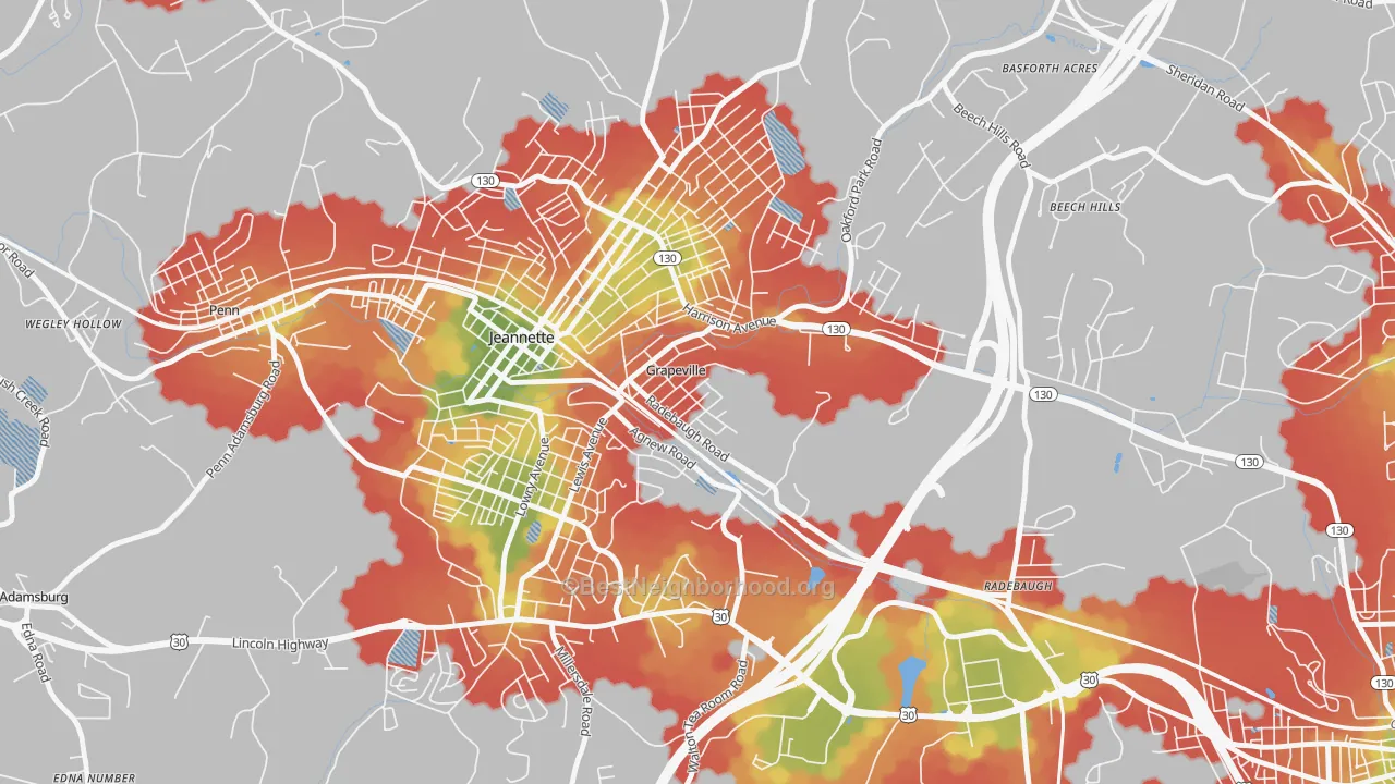 Walk Grade map of 15634, PA, walkable areas in green and car-dependent areas in red