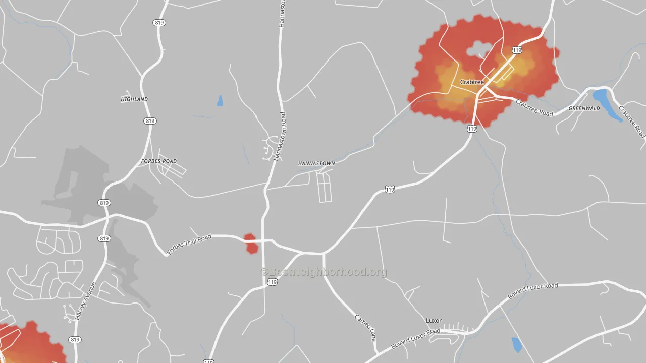 Walk Grade map of 15635, PA, walkable areas in green and car-dependent areas in red