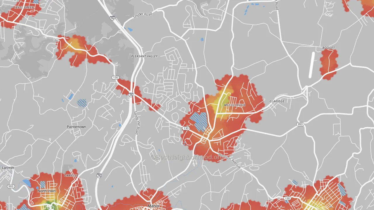 Walk Grade map of 15636, PA, walkable areas in green and car-dependent areas in red