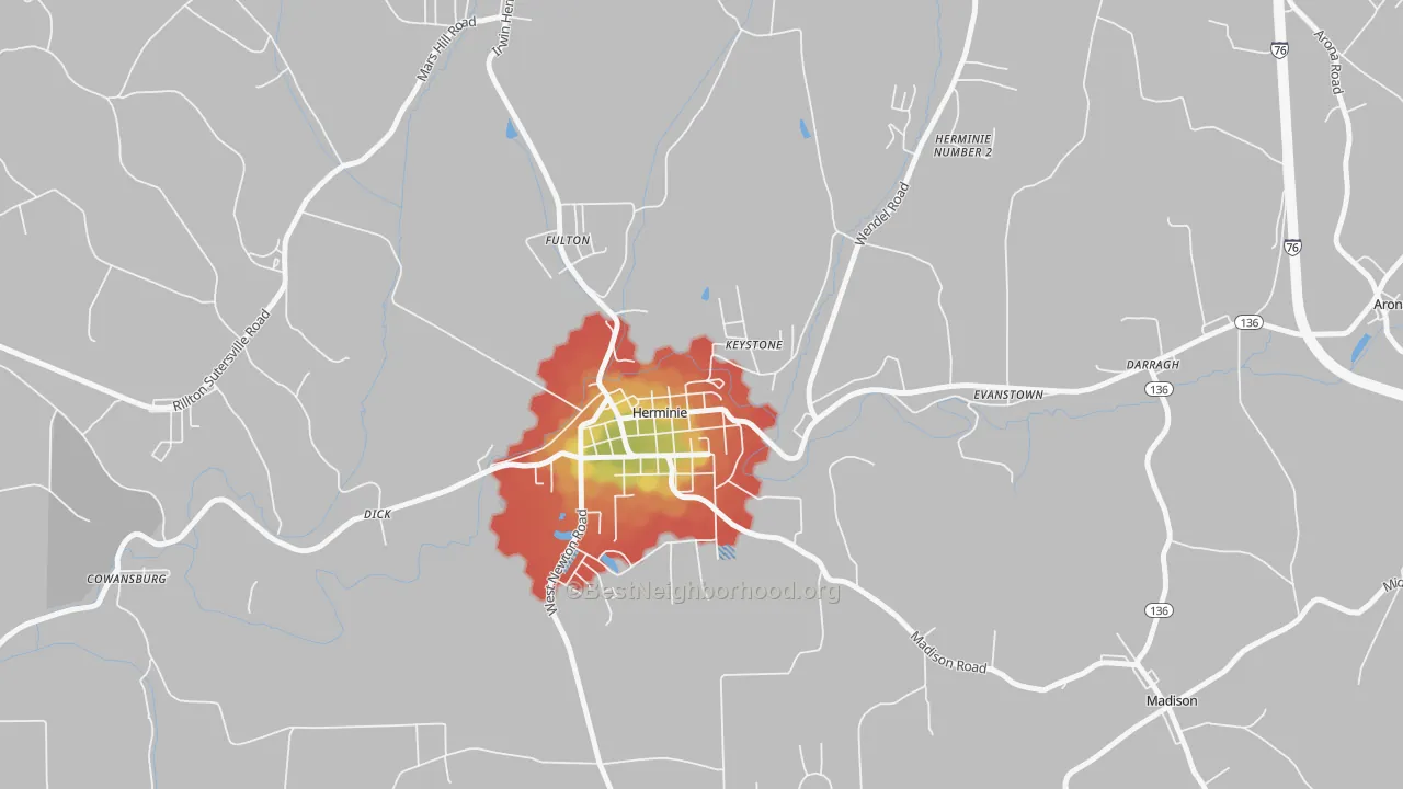Walk Grade map of 15637, PA, walkable areas in green and car-dependent areas in red