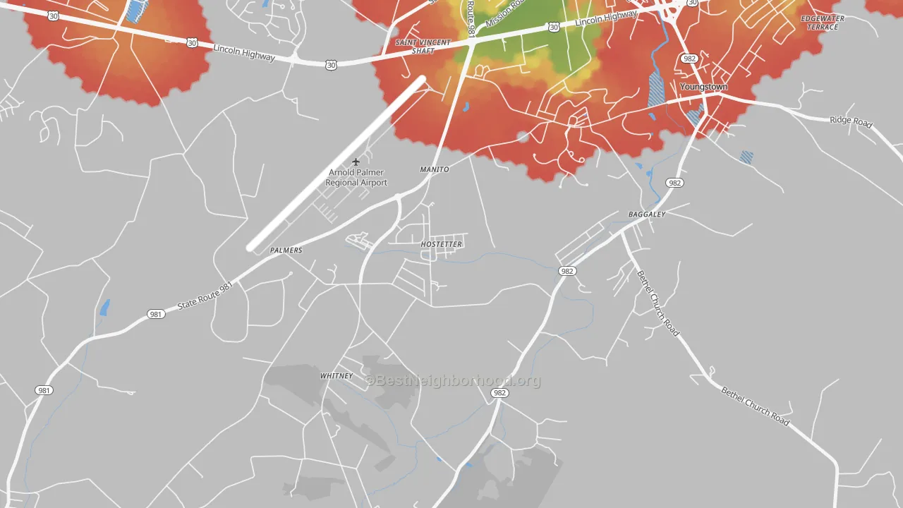 Walk Grade map of 15638, PA, walkable areas in green and car-dependent areas in red